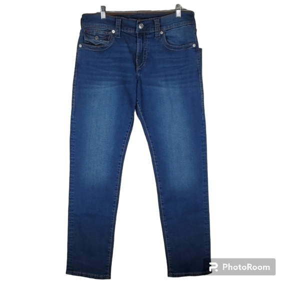 True Religion Geno Jeans 32x32 Relaxed Slim Dark Roper Wash Big T Flap‎ pocket